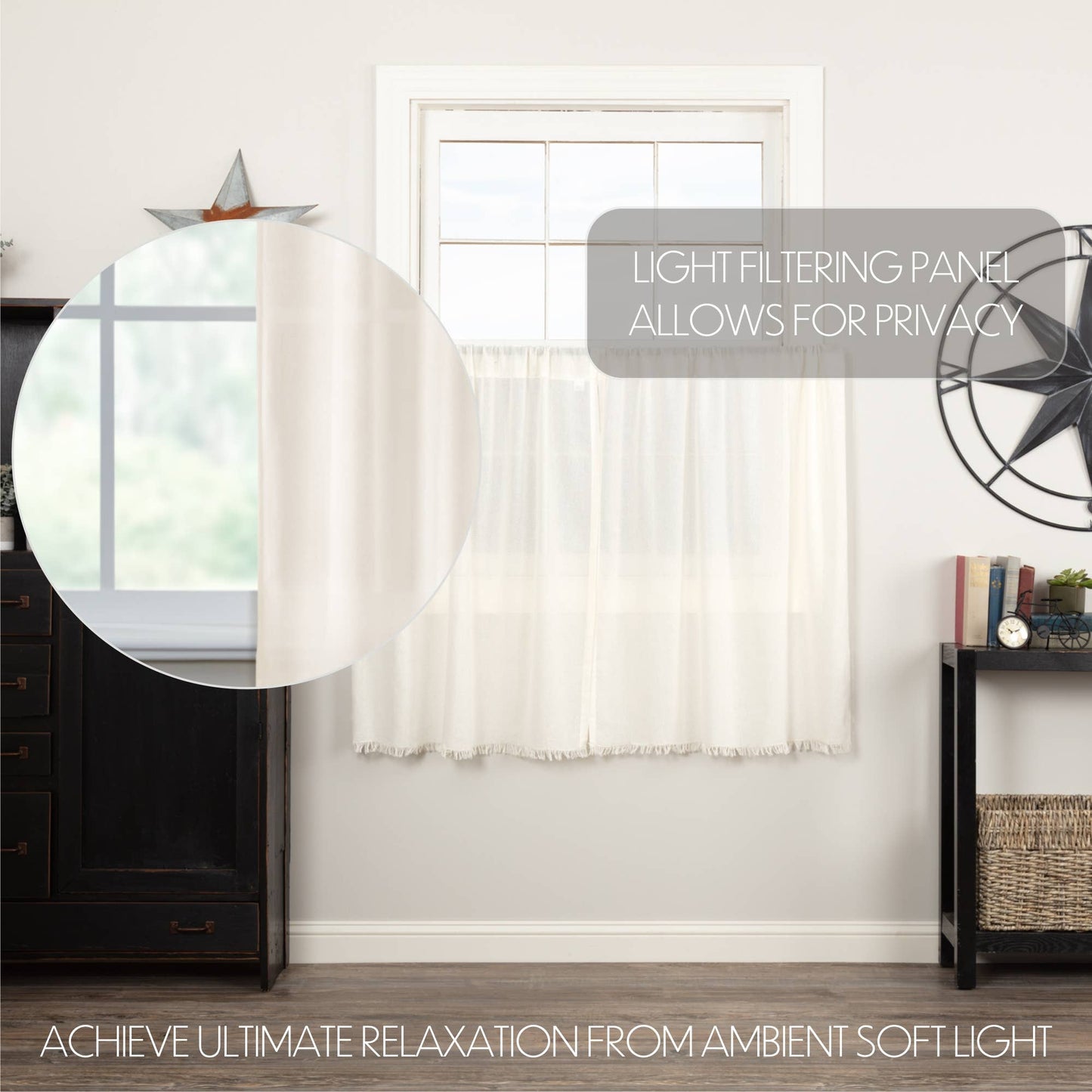 
                  
                    Tobacco Cloth Antique White Fringed Café Tier Curtains – Set of 2, 36"W x 36"L - Curated Home Decor
                  
                