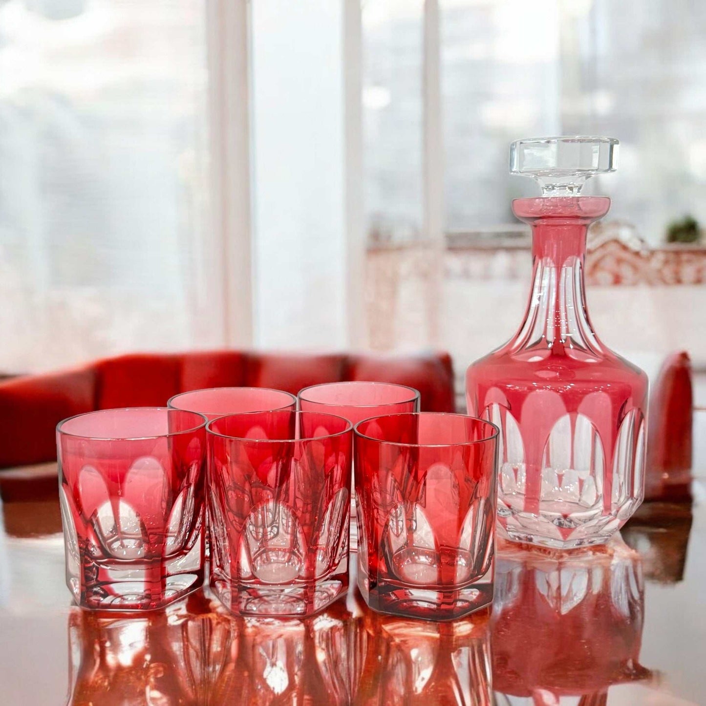 
                  
                    Vintage Cranberry Crystal Set of Decanter and Glasses - Curated Home Decor
                  
                