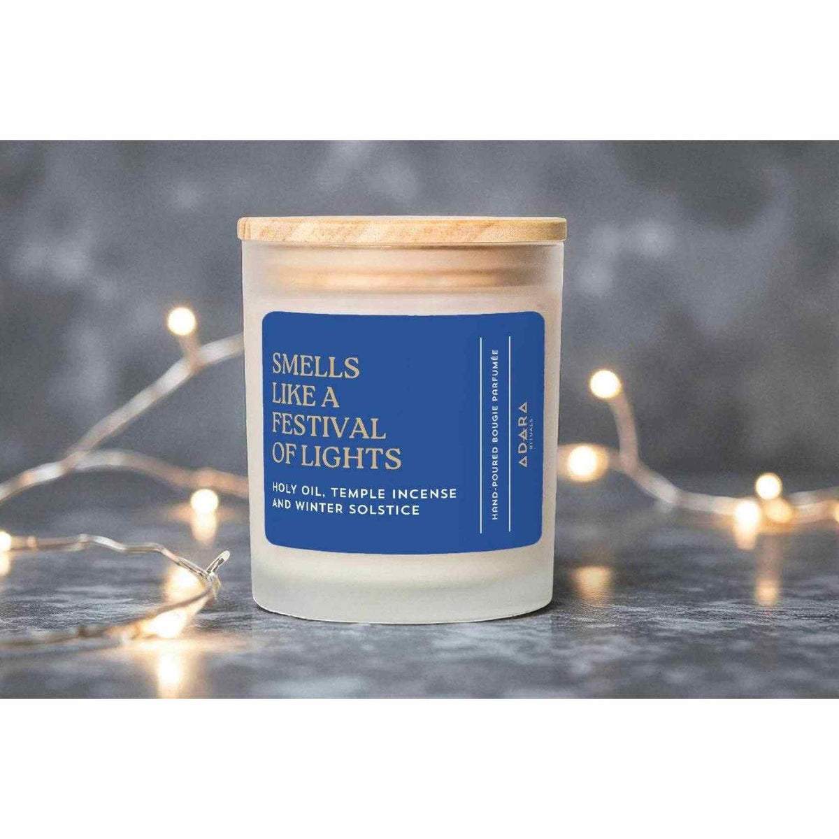 Festival of Lights scented candle with holy oil and temple incense in frosted glass jar with wooden lid