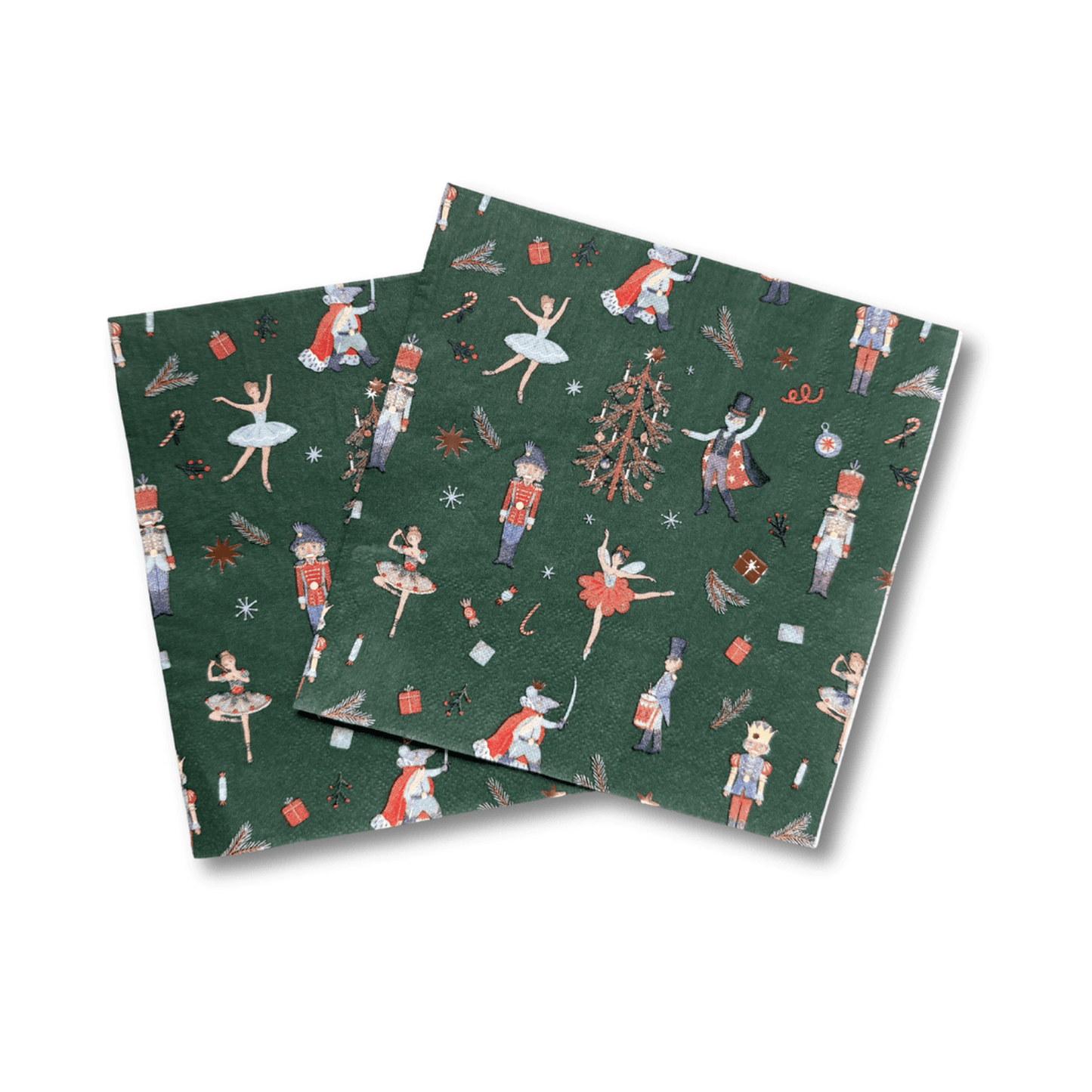 Green Christmas Nutcracker dinner napkins with nutcracker illustrations and gold foil accents on dark green background
