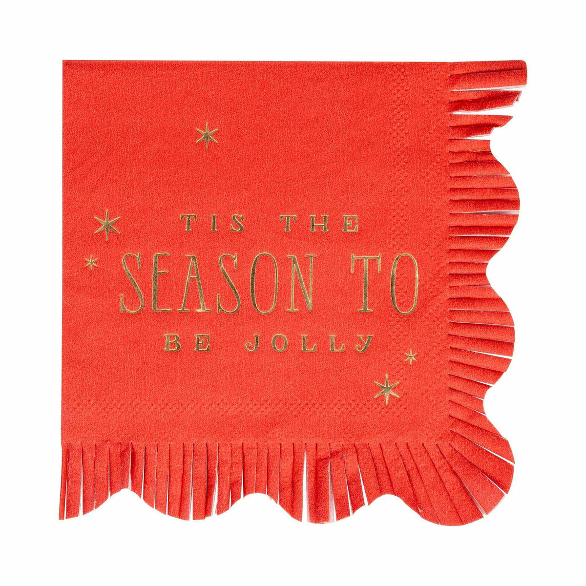 
                  
                    Red cocktail napkin with gold-foil "Season To Be Jolly" text and fringed edges for festive parties
                  
                