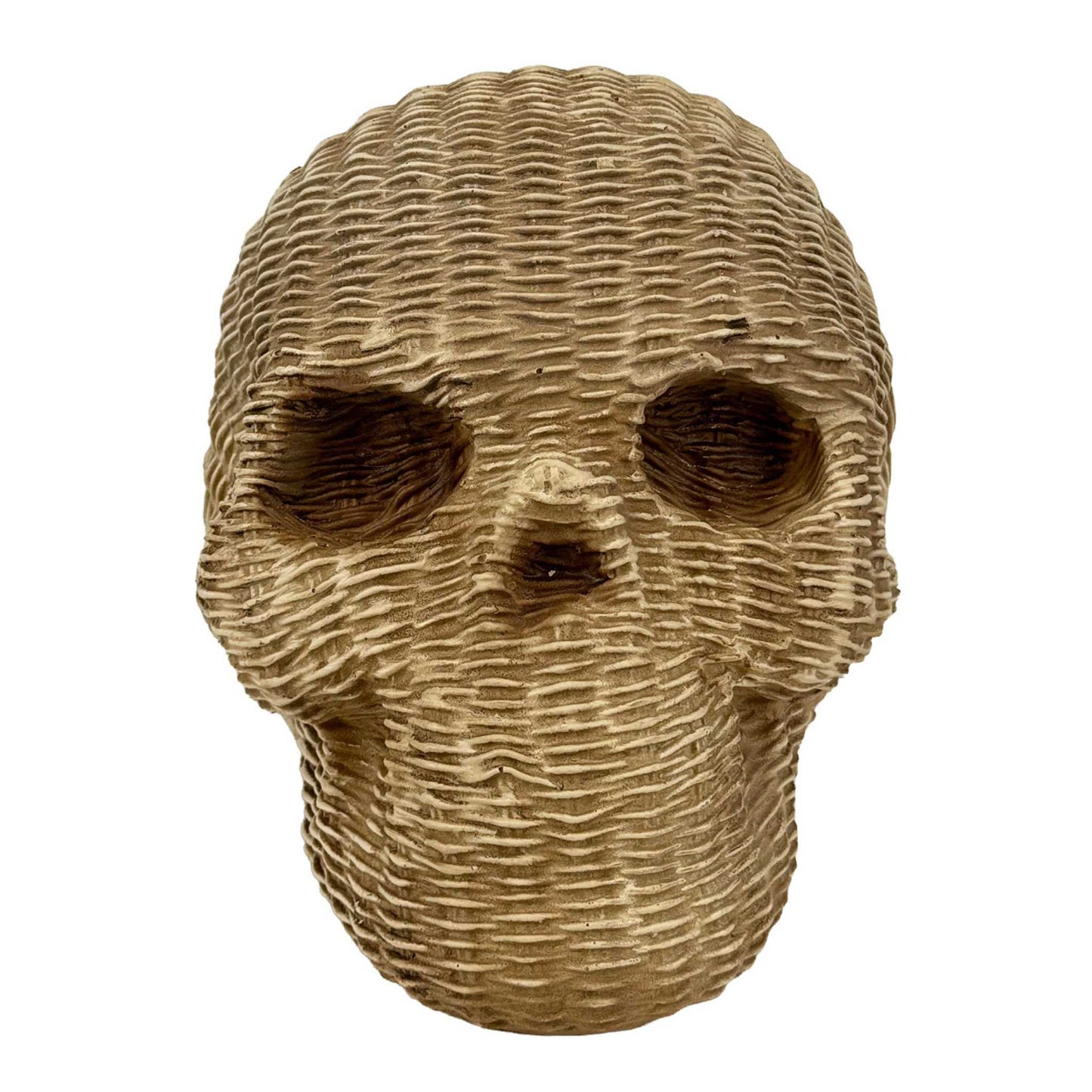 
                  
                    Khaki wicker-look resin decorative skull with detailed woven texture for Halloween décor
                  
                