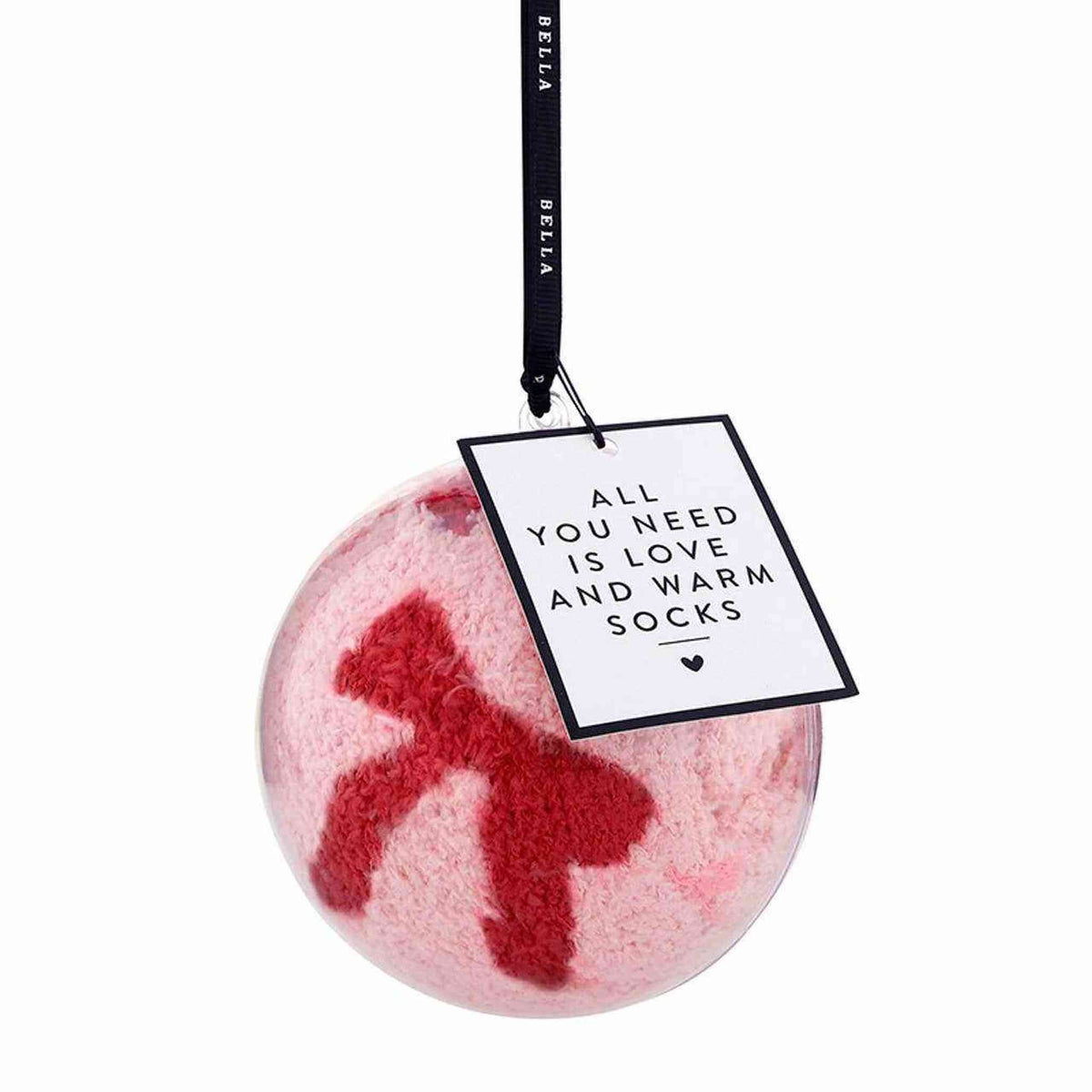 
                  
                    Blush cozy socks with red bow in clear ornament packaging with love and warm socks tag
                  
                