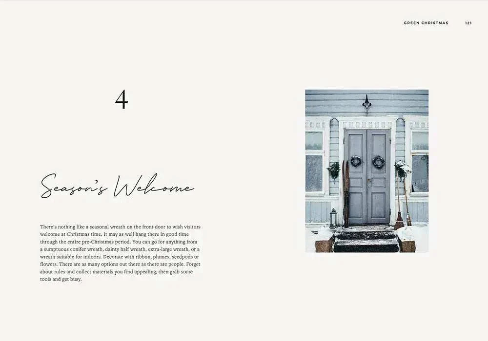 Front door decorated with green Christmas wreaths welcoming the holiday season