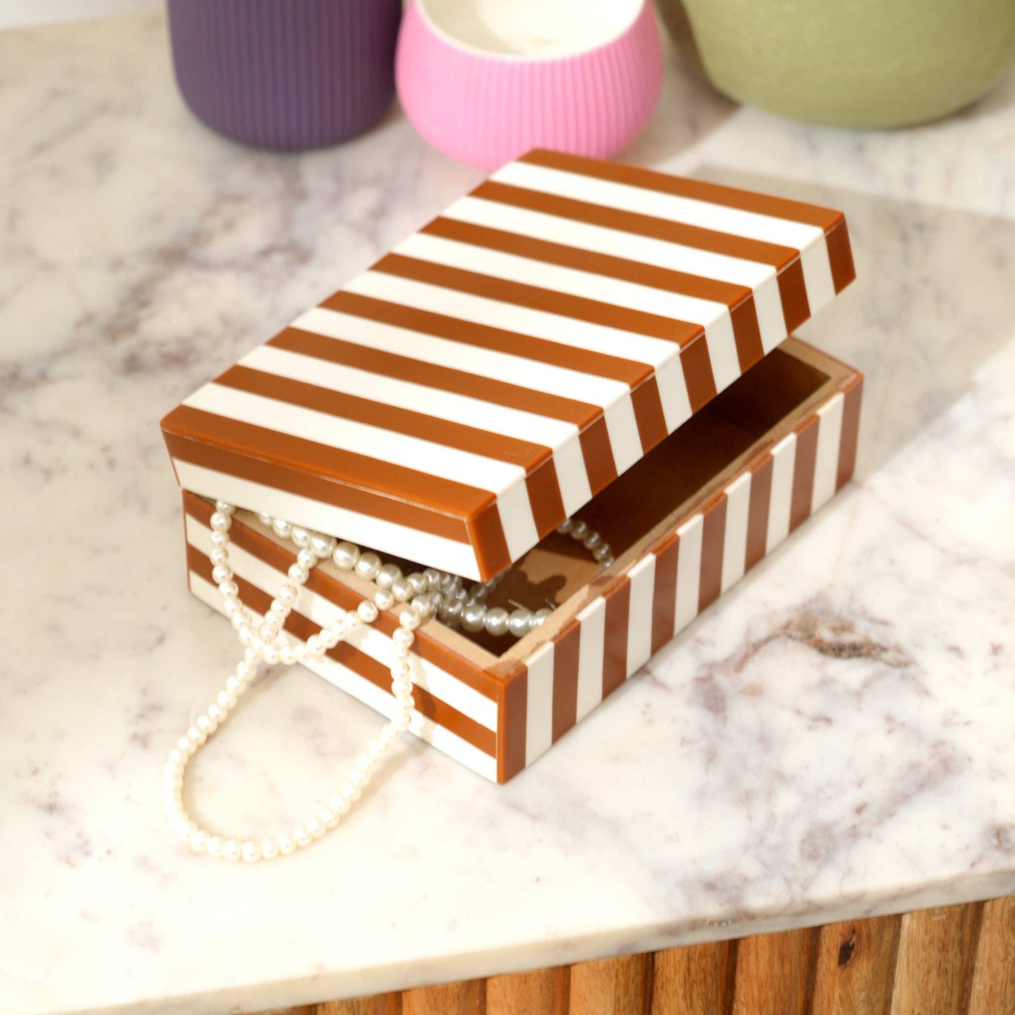 
                  
                    Brown Striped Resin Storage Box | MDF Decorative Organizer - Curated Home Decor
                  
                