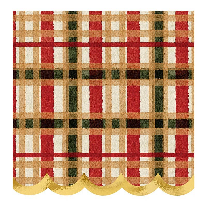 Beige Plaid Scalloped Cocktail Napkins, Pack of 20