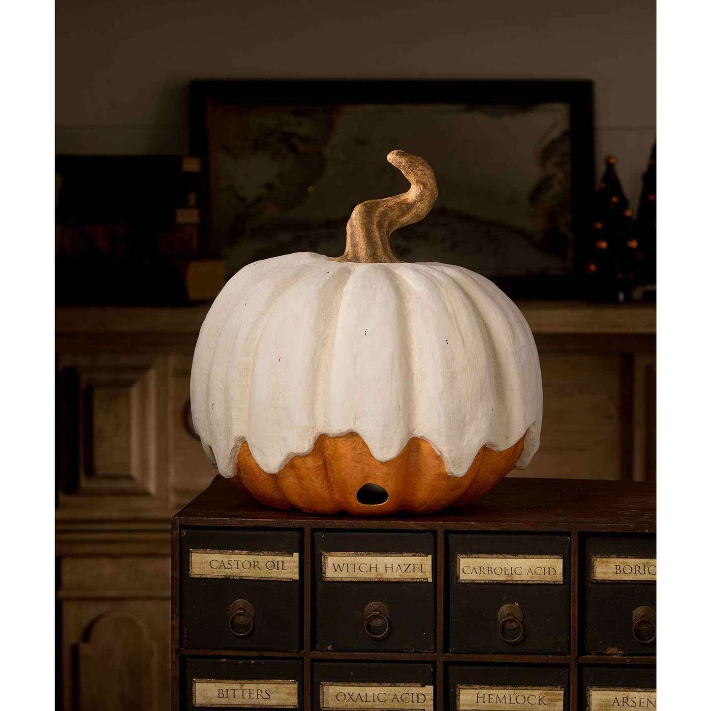 Ghost Jack Paper Mache large jack o'lantern with ghost drapery and cut out eyes and nose decoration