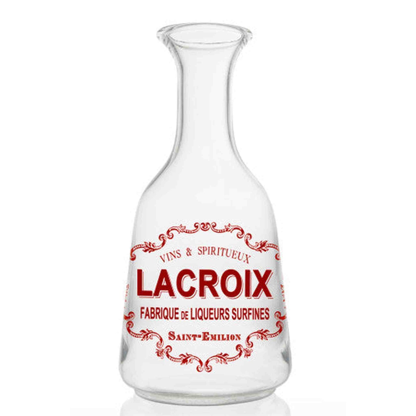 Lacroix Glass Carafe mouth-blown vintage European style clear glass bottle with red decorative text