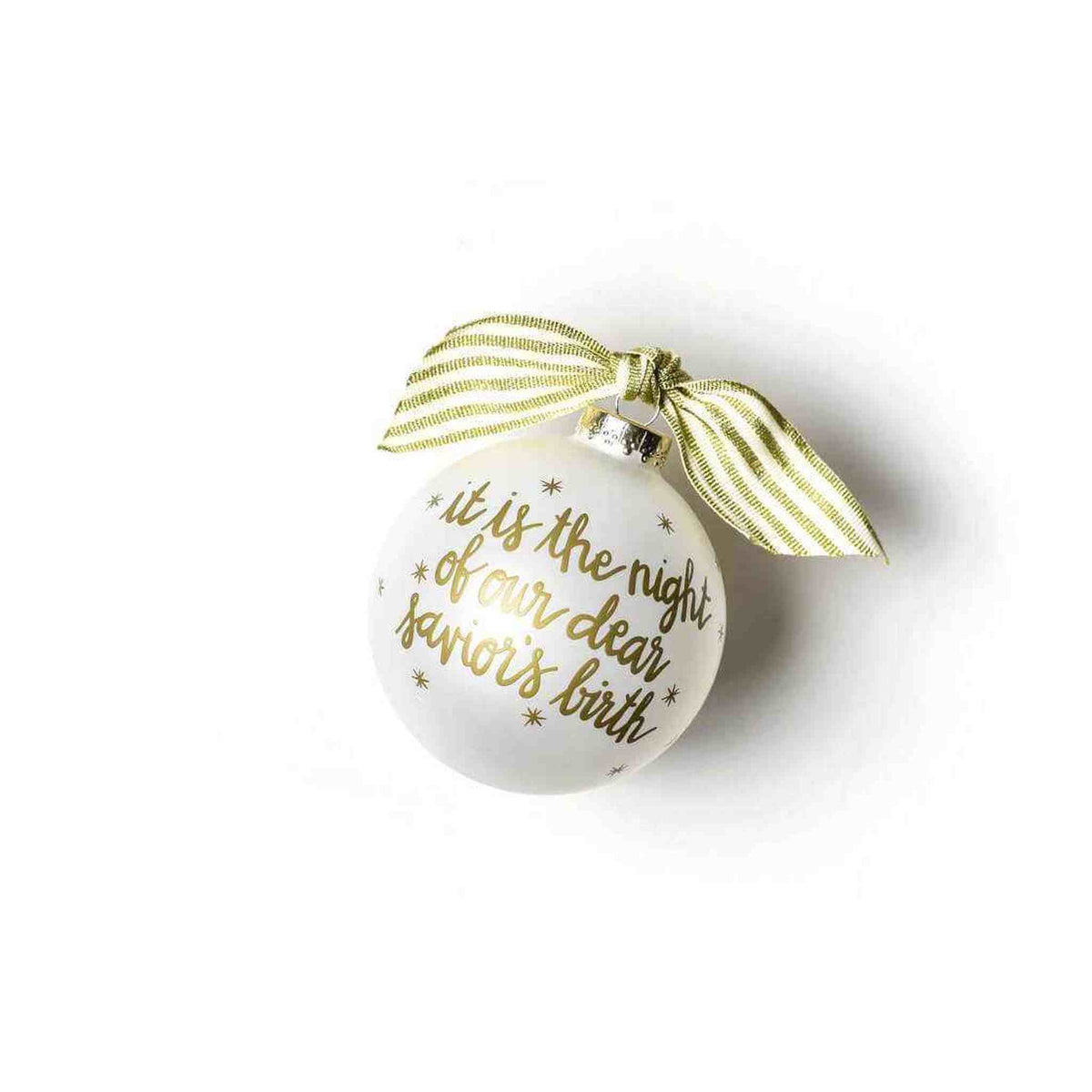 
                  
                    Stars Are Brightly Shining glass Christmas ornament with metallic gold lettering and gold glitter accents, featuring a striped gold ribbon for hanging
                  
                