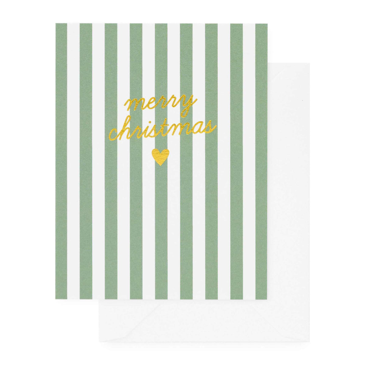 Green striped Merry Christmas card with gold foil lettering and blank interior for personal message
