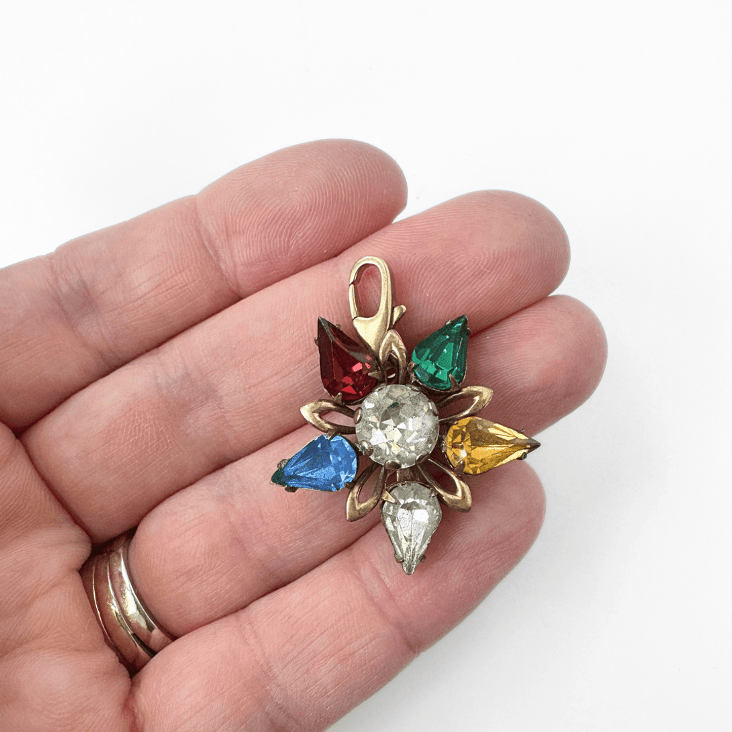 Vintage multicolor rhinestone star charm with brass clasp
