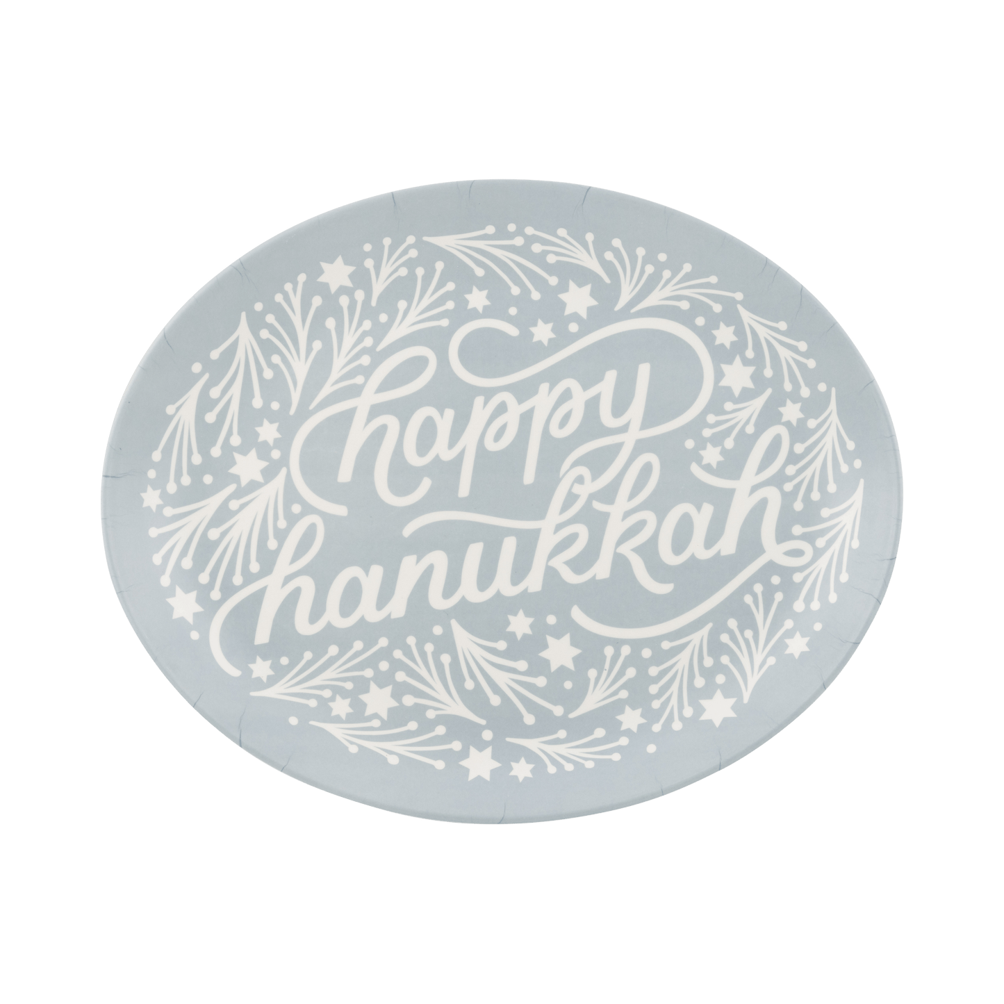 Oval bamboo Happy Hanukkah Tray with festive white lettering and decorative design