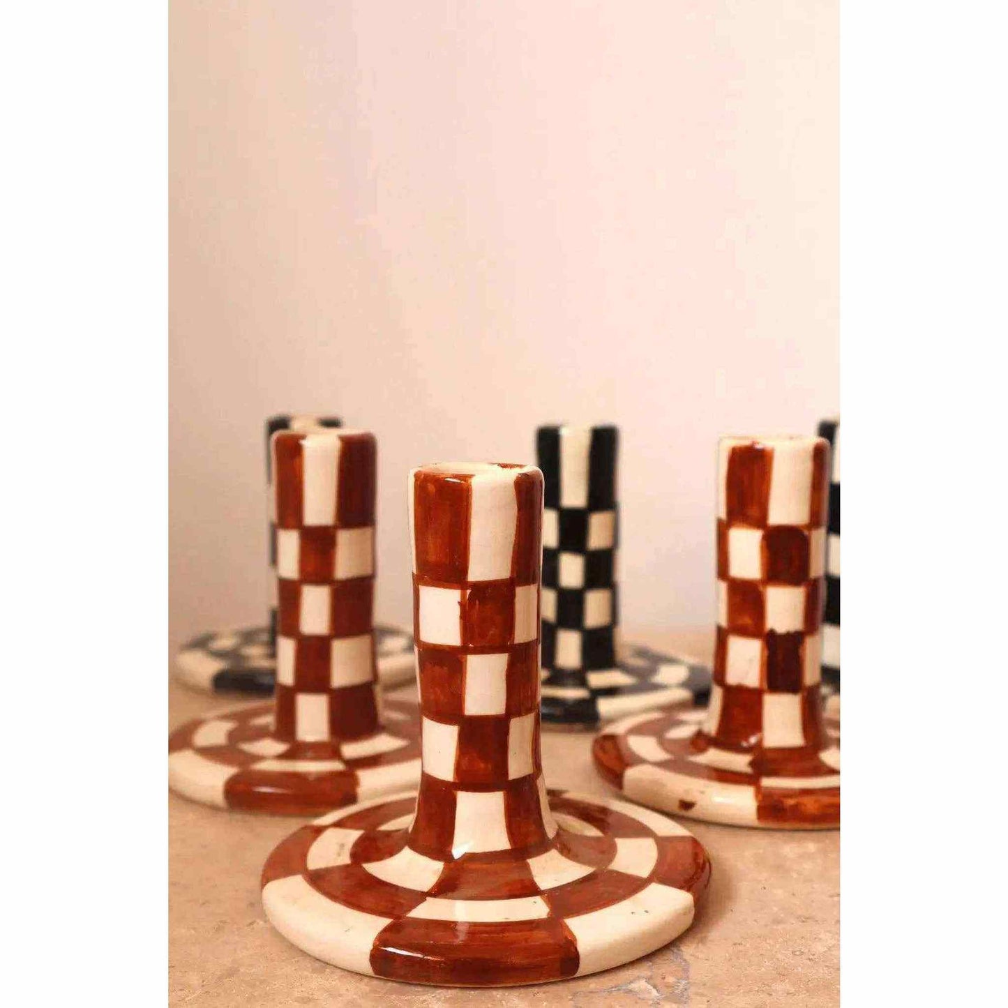 
                  
                    Handmade Ceramic Candle Holders in Brown and White Checkered Design - Curated Home Decor
                  
                