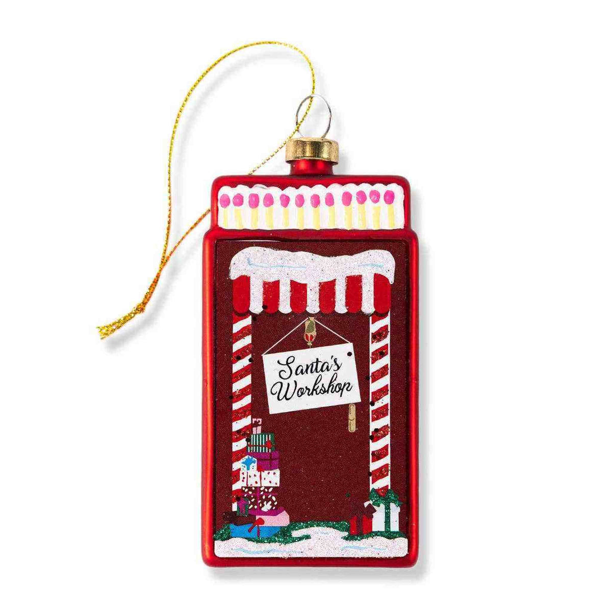 
                  
                    Santa's Workshop Matchbook Ornament glass Christmas tree decoration with festive gift design
                  
                