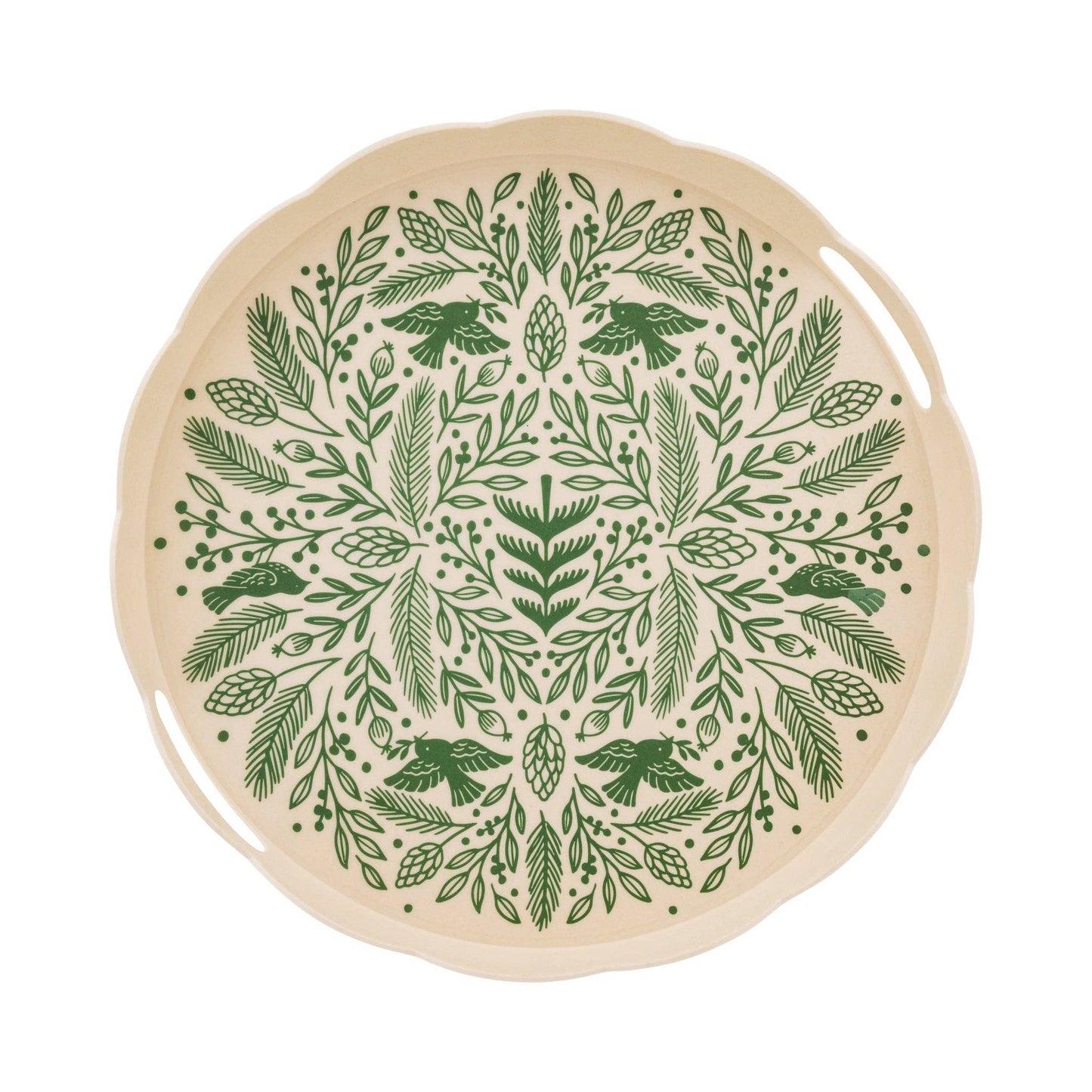 Round Woodland Christmas Bamboo Tray with green woodland floral design and scalloped edges