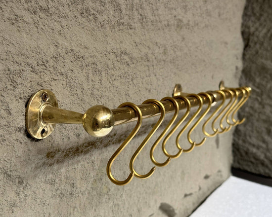 Unlacquered Brass Wall Mounted Pot Rack With Hooks - Curated Home Decor