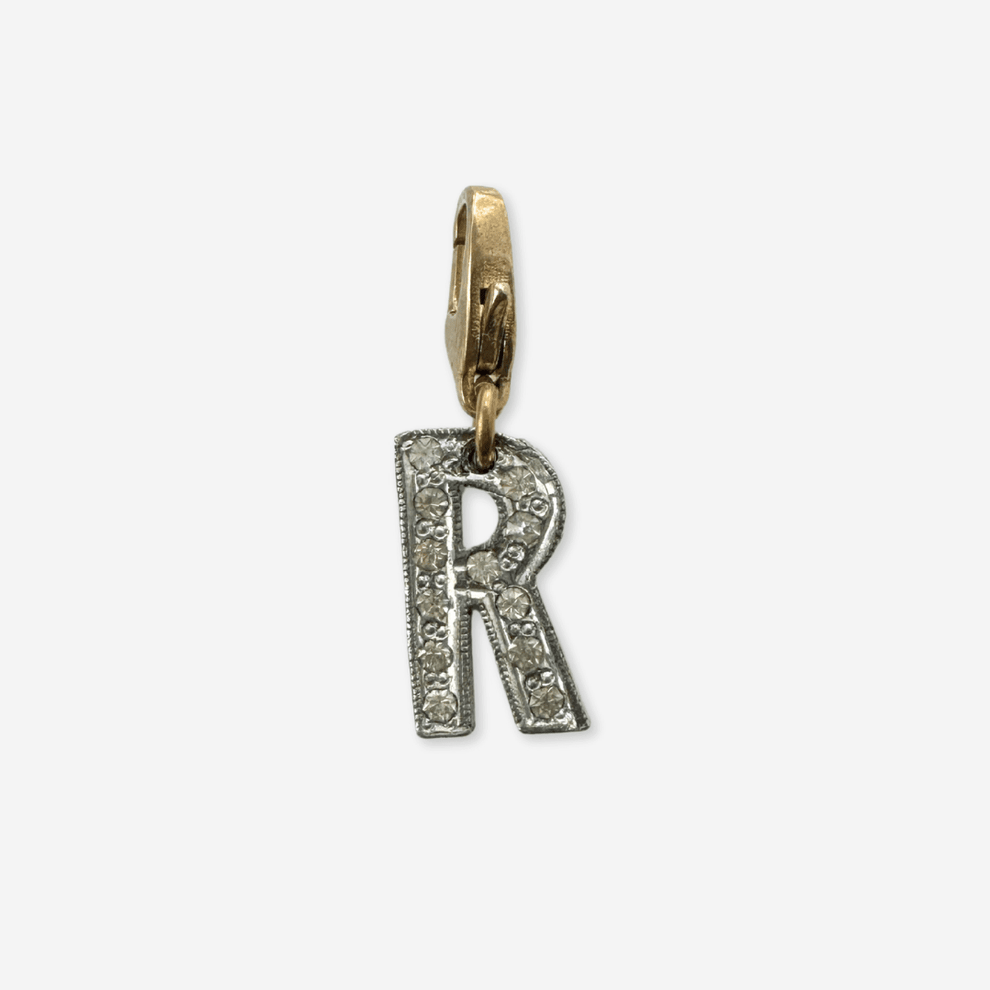 Small vintage clear rhinestone letter R charm with silver tone setting and brass lobster clasp