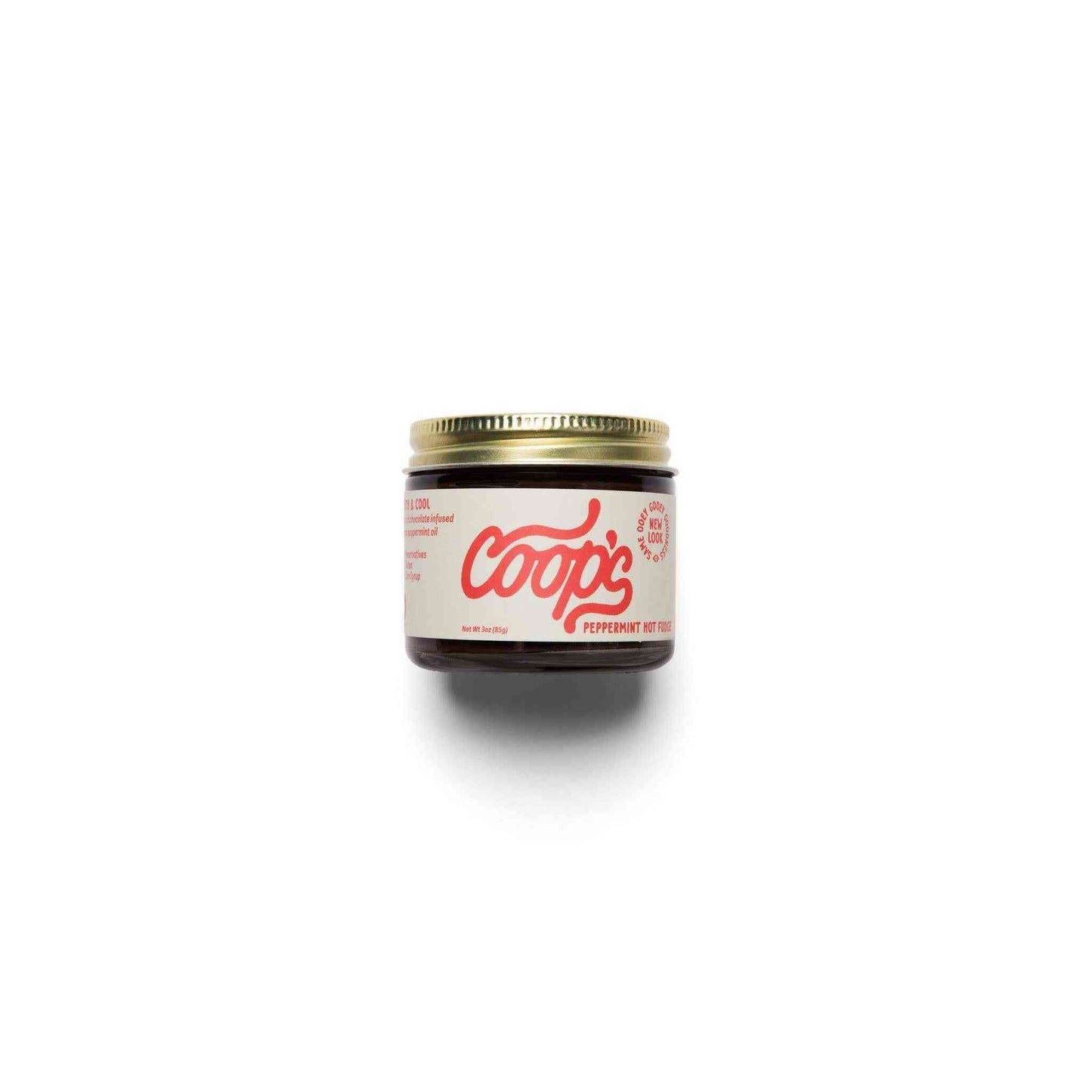 Coop's Mini Peppermint Hot Fudge jar with festive peppermint hot fudge sauce