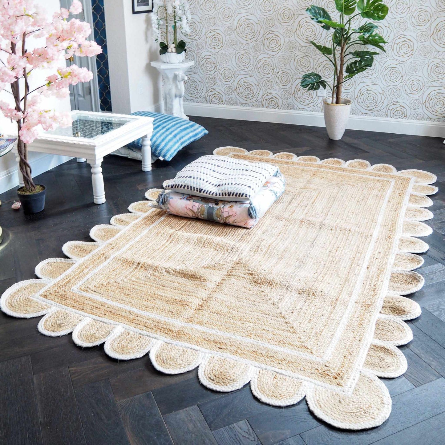 
                  
                    Handmade White Scalloped Jute Rug Custom Sizes Available - Curated Home Decor
                  
                