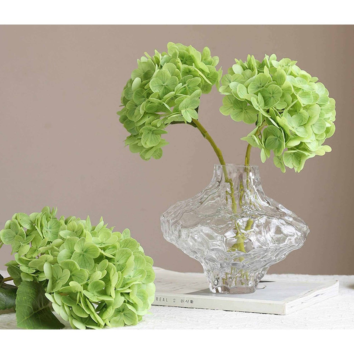 Blue 12.5" Real Touch lifelike Hydrangea with 6" bloom in vase and loose stem on table