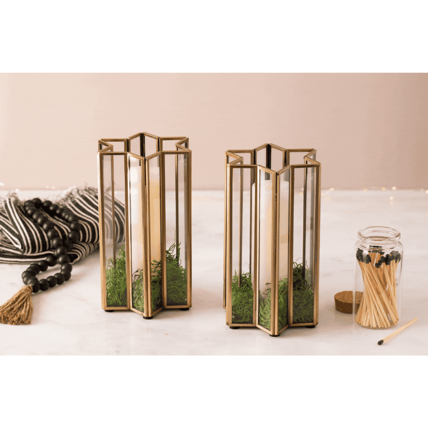 
                  
                    Gilded Gold Star of David hurricane candle holder with glass and metal craftsmanship
                  
                