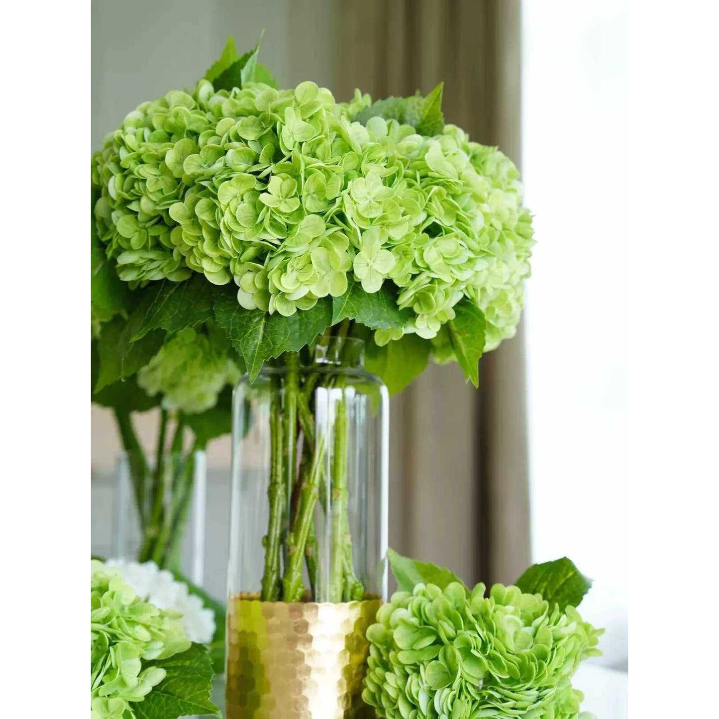22" large bloom ultra realistic green hydrangea with lifelike petals in a glass vase