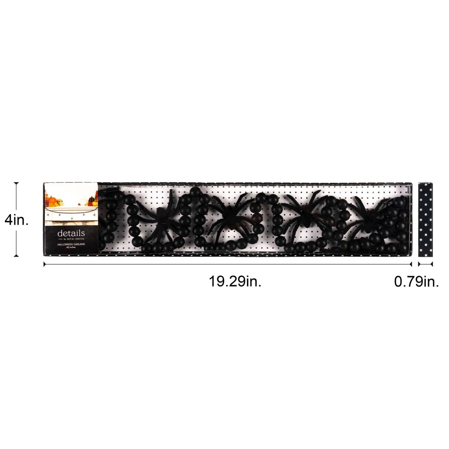 
                  
                    Black Halloween garland with beaded strand and spider accents in packaging, sized 45 inches long
                  
                