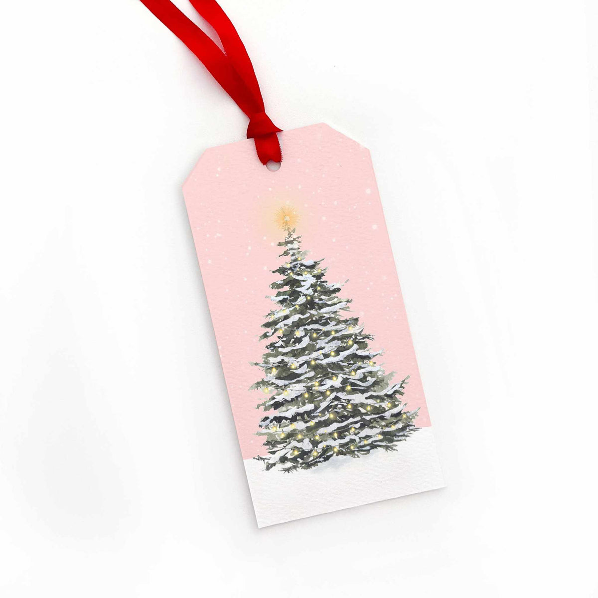 
                  
                    The Perfect Tree watercolor Christmas gift tag with snow and red silk ribbon
                  
                