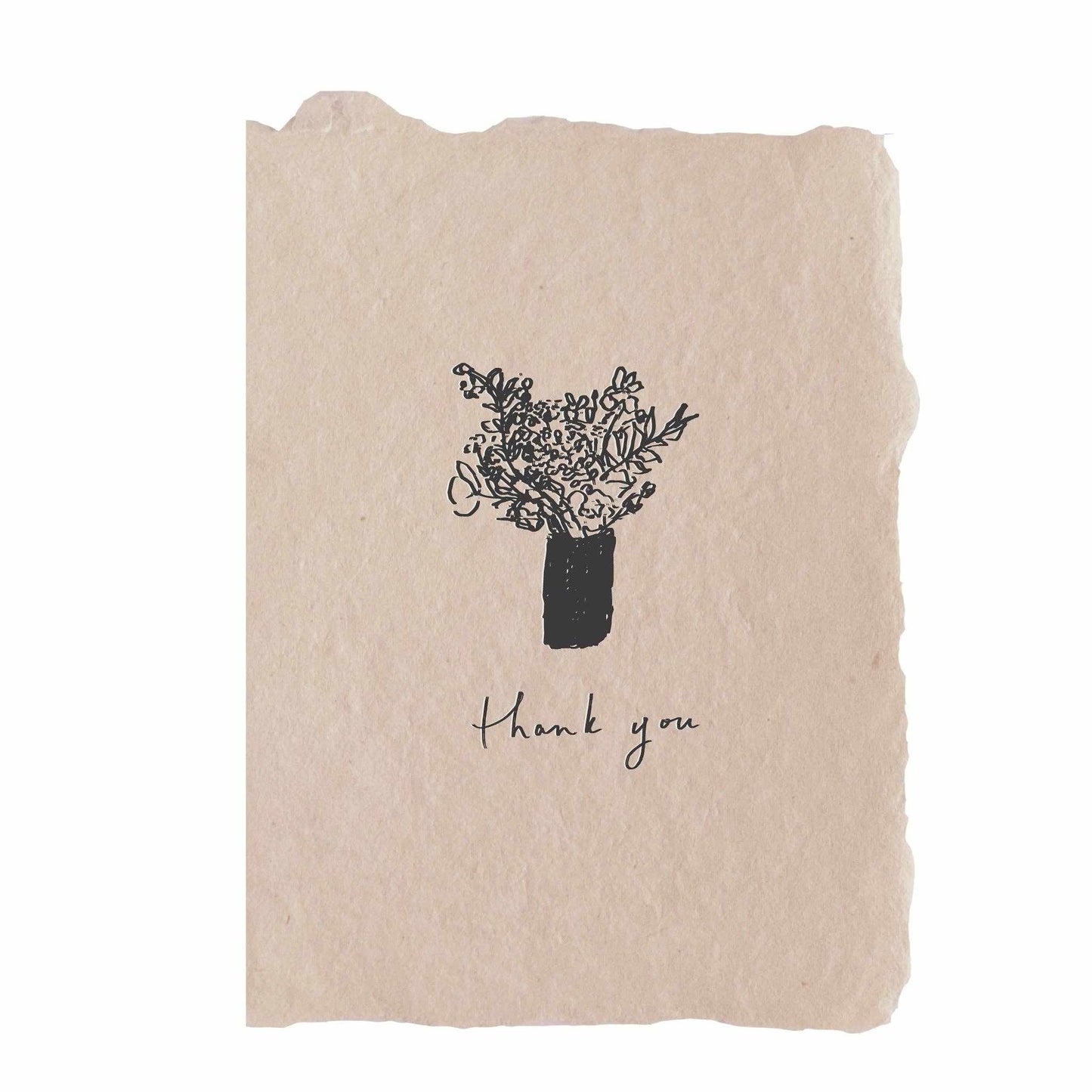 Thank you bouquet card with black letterpress floral illustration on handmade rose paper