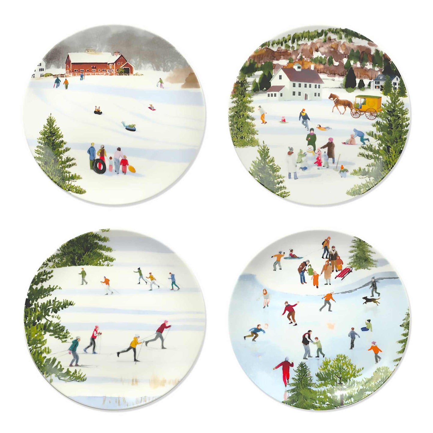 Set of 4 Winter Wonderland Plates with watercolor New England winter scenes on porcelain salad plates
