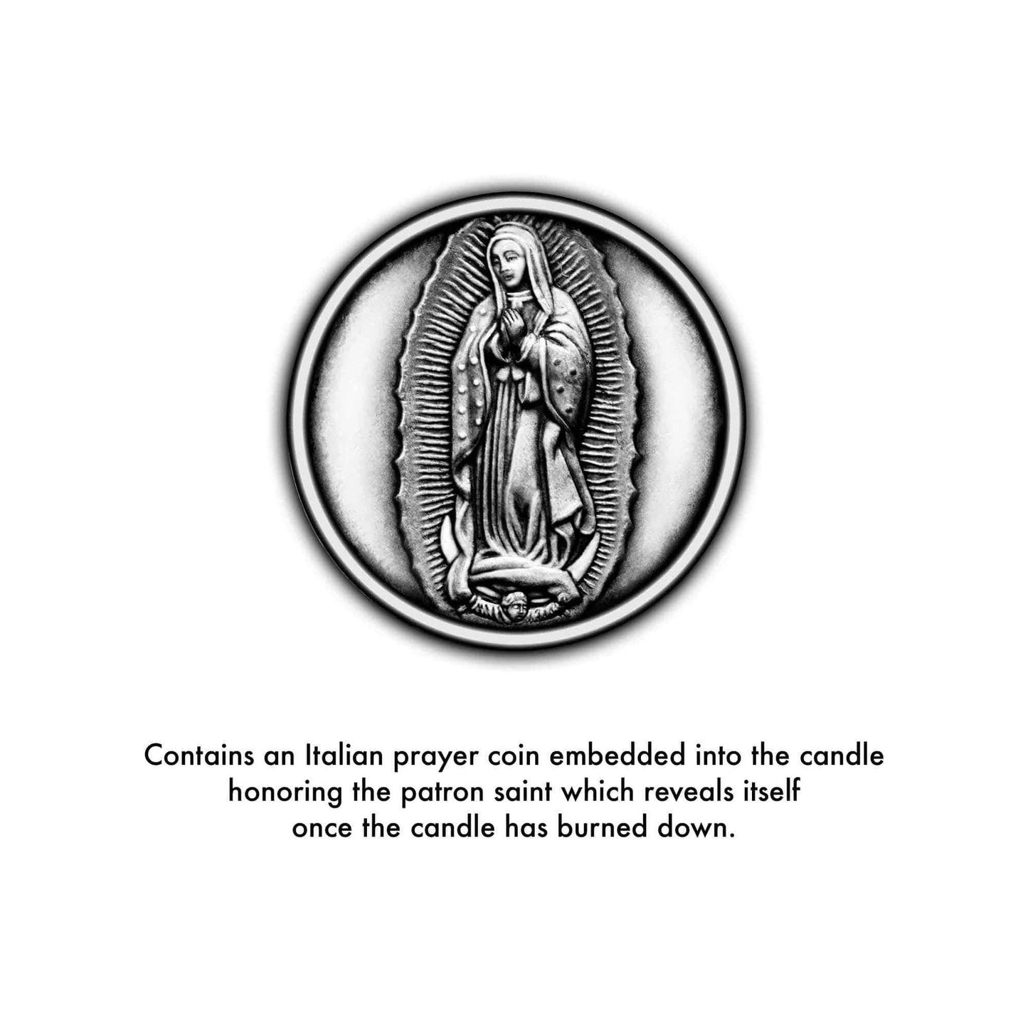 Virgin Mary of Guadalupe prayer coin embedded in special edition candle with oud and floral scent