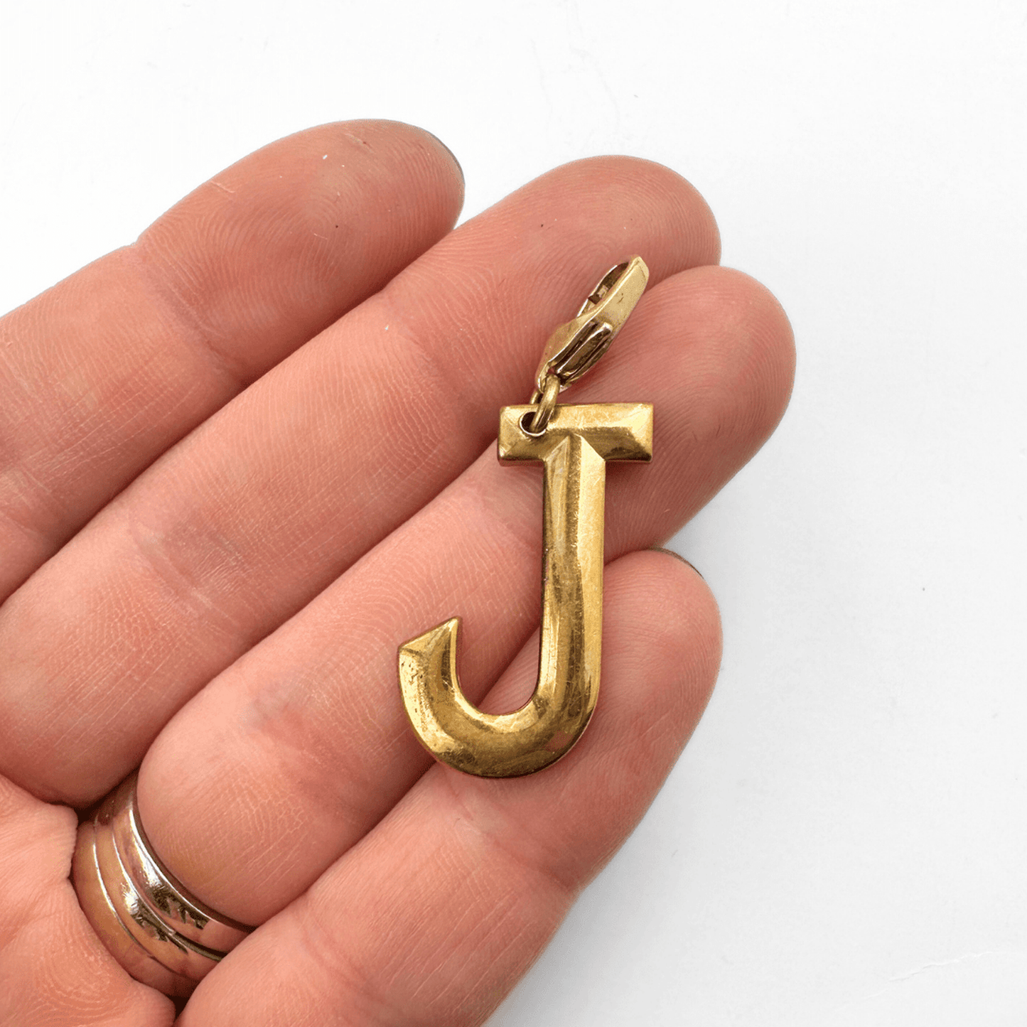 Large vintage gold plated "J" monogram charm with brass lobster clasp