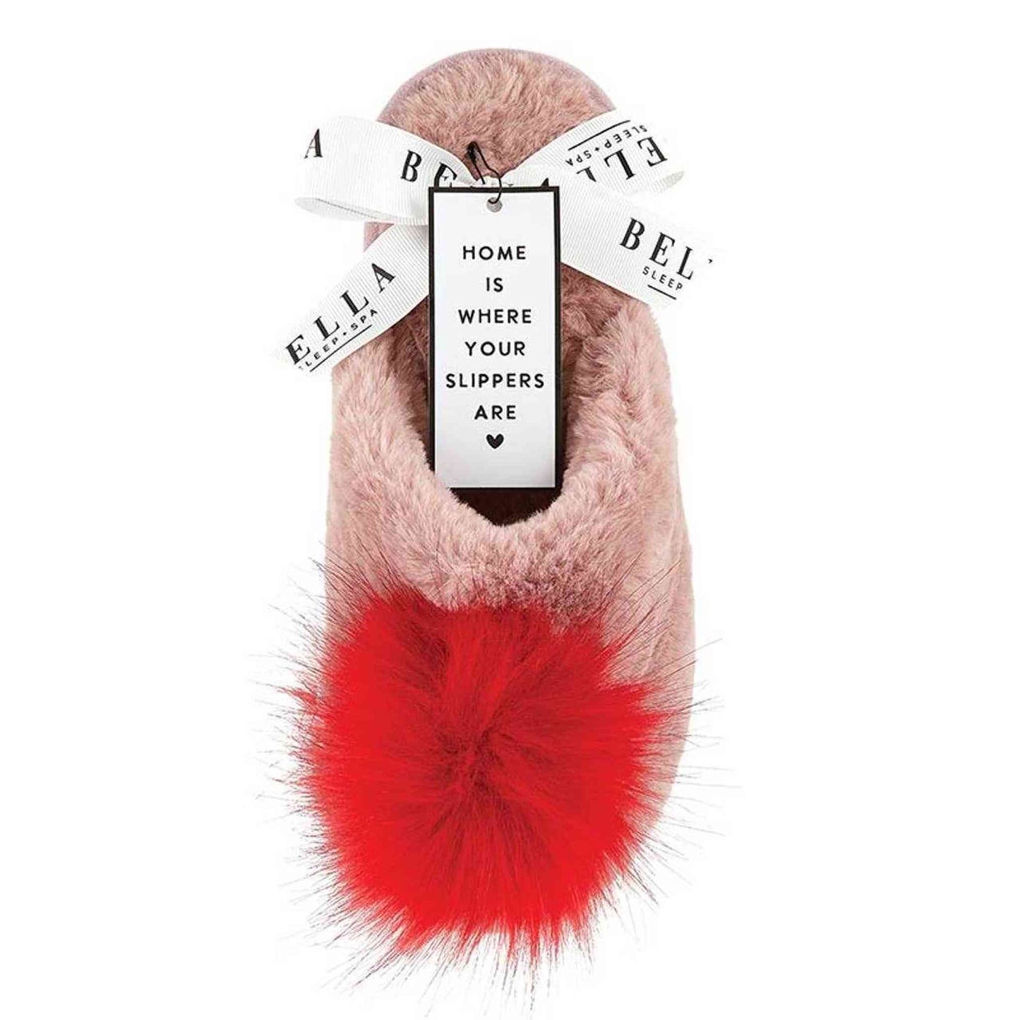 Small blush plush slipper with red pom pom and white bow tag