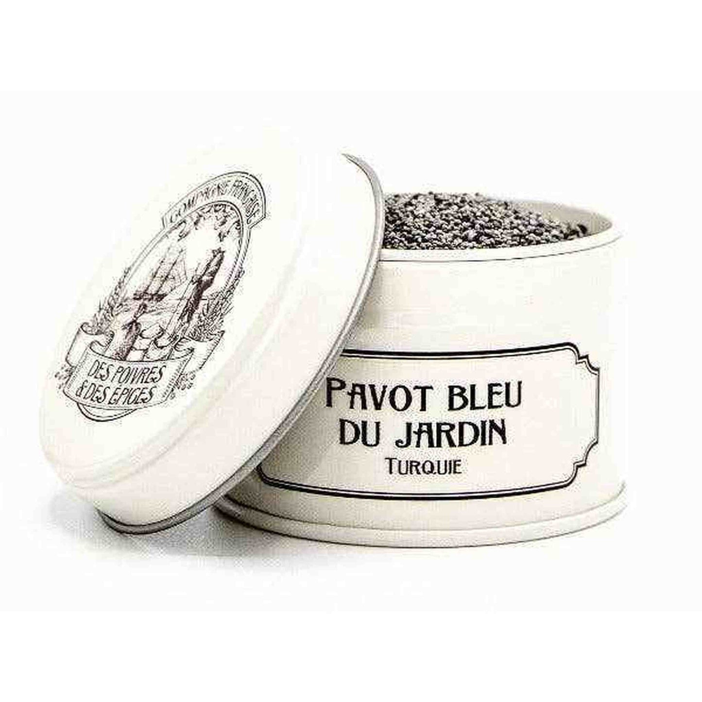 Blue poppy seeds from the garden in an open white tin container labeled Pavot Bleu du Jardin Turque