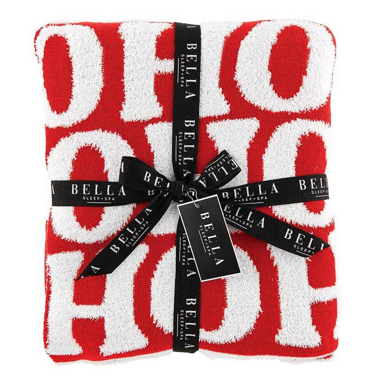 Reversible cozy throw blanket with red and white HOHOHO design, soft cotton-polyester blend, 50x60 inches, lightweight and warm.