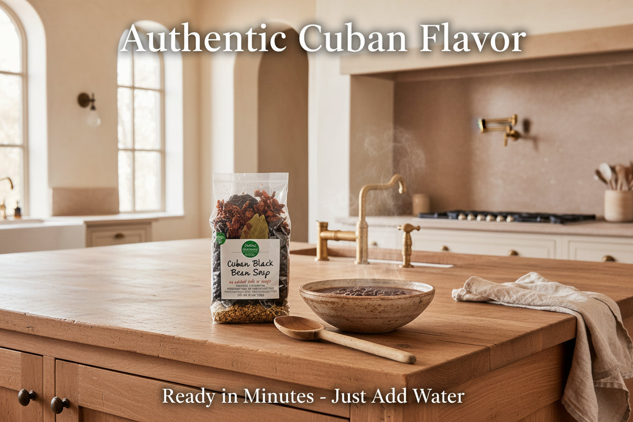 Packaged Cuban Black Bean Soup mix from Healthy Gourmet Kitchen on a white background