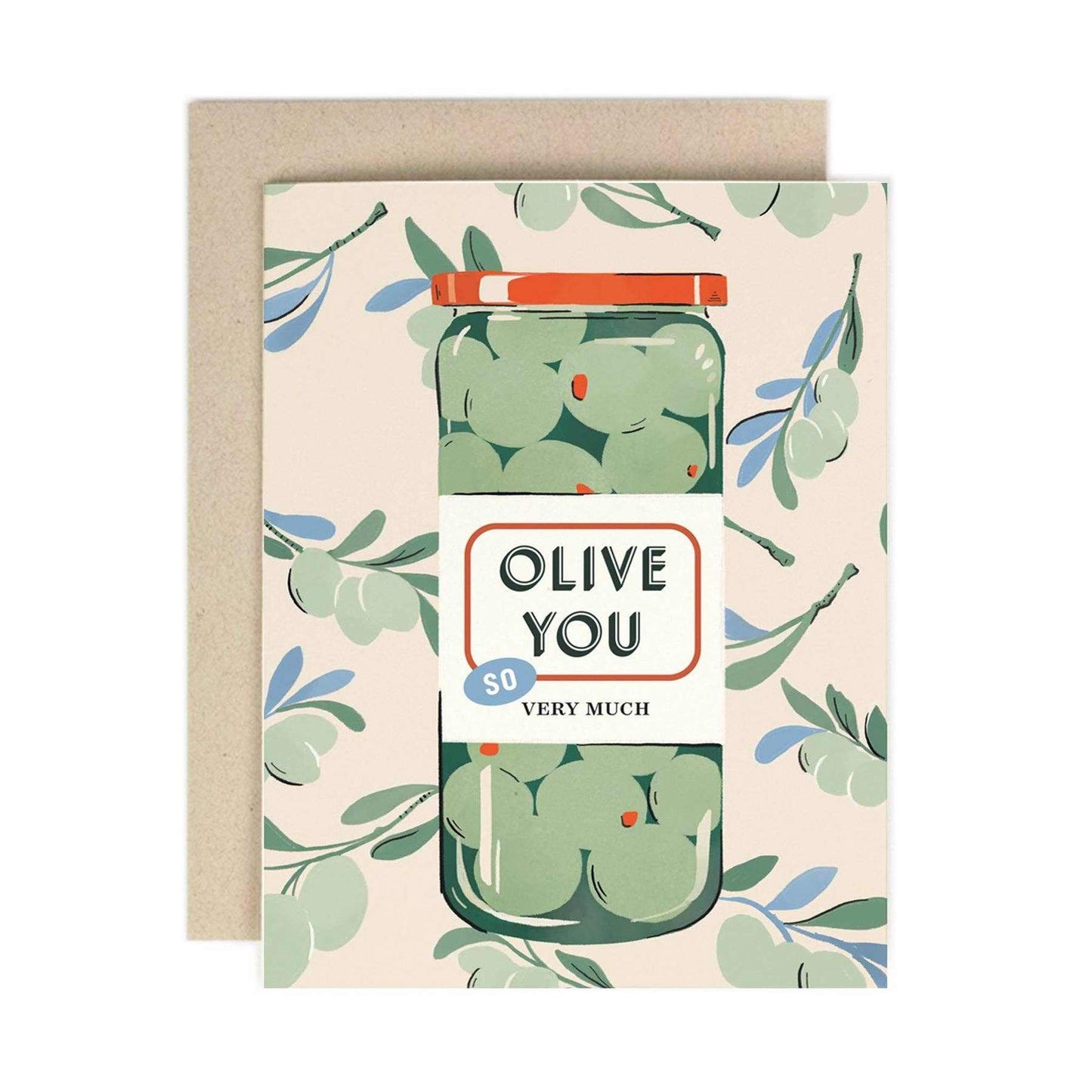 Olive You greeting card with olive jar illustration and warm white cover paper on 4.25 x 5.5 inch card