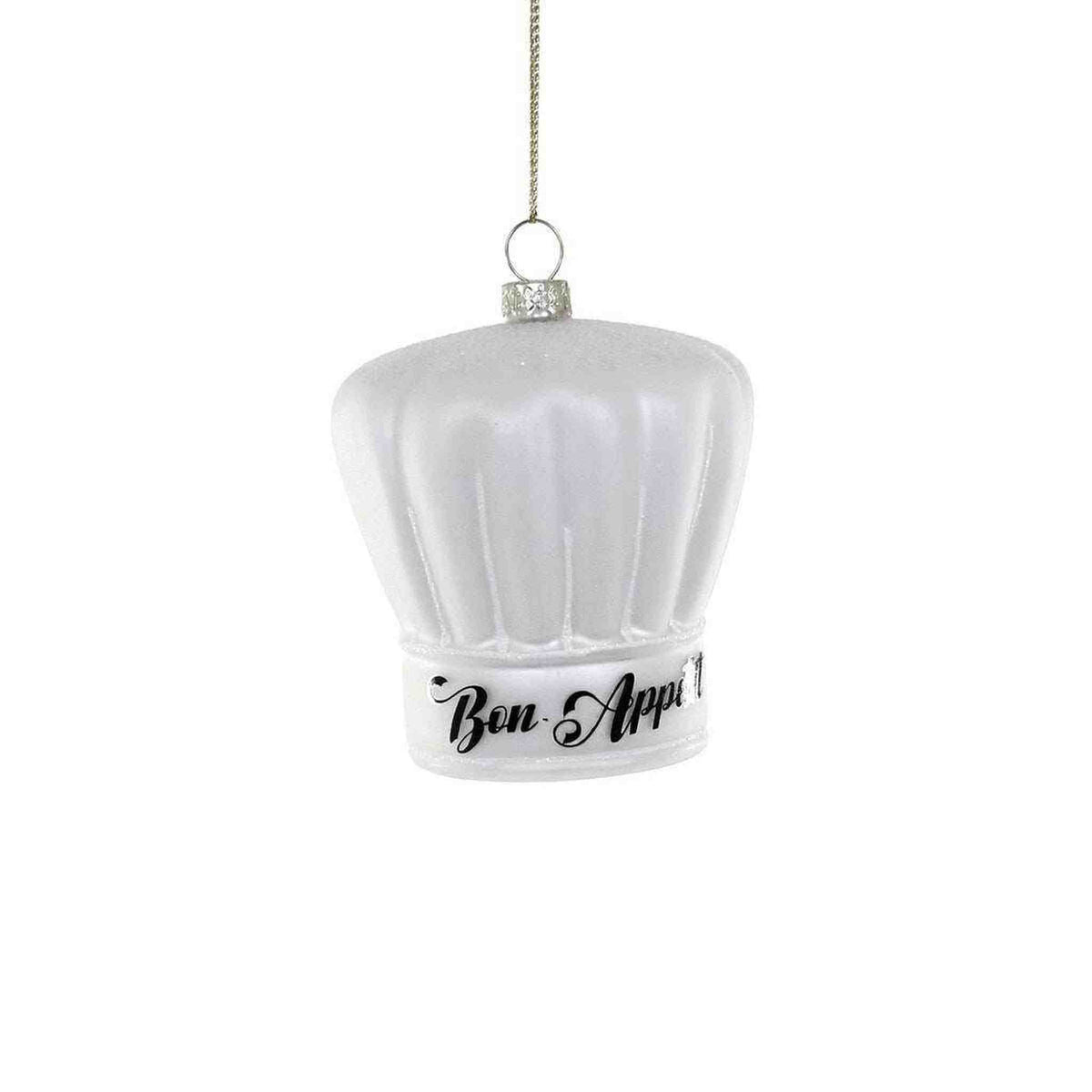 3-inch glass Chef's Hat Ornament with Bon Appetit text for holiday decor