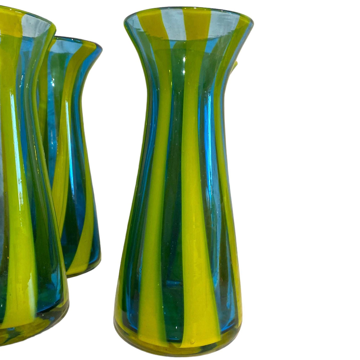 Elegant flared striped glass vase with green and yellow vertical stripes, 9.25 inches tall