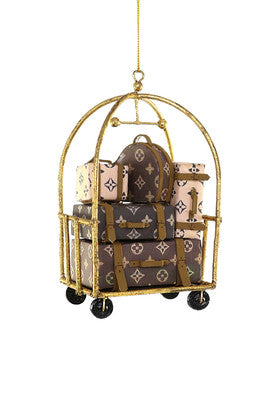 Luxury Hotel Luggage Ornament featuring stacked designer suitcases on a gold luggage cart decoration