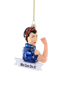 Rosie the Riveter Ornament showing a strong woman with "We Can Do It!" banner hanging decoration