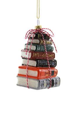 Stacked Tomes Traditional Ornament shaped like a stack of vintage books with a red and white string bow, perfect for Christmas decor