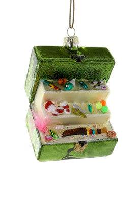 Green tackle box ornament with miniature fishing lures hanging decoration