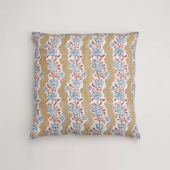 Yellow Blooming Trellis Block Printed Linen Cushion Cover - Curated Home Decor