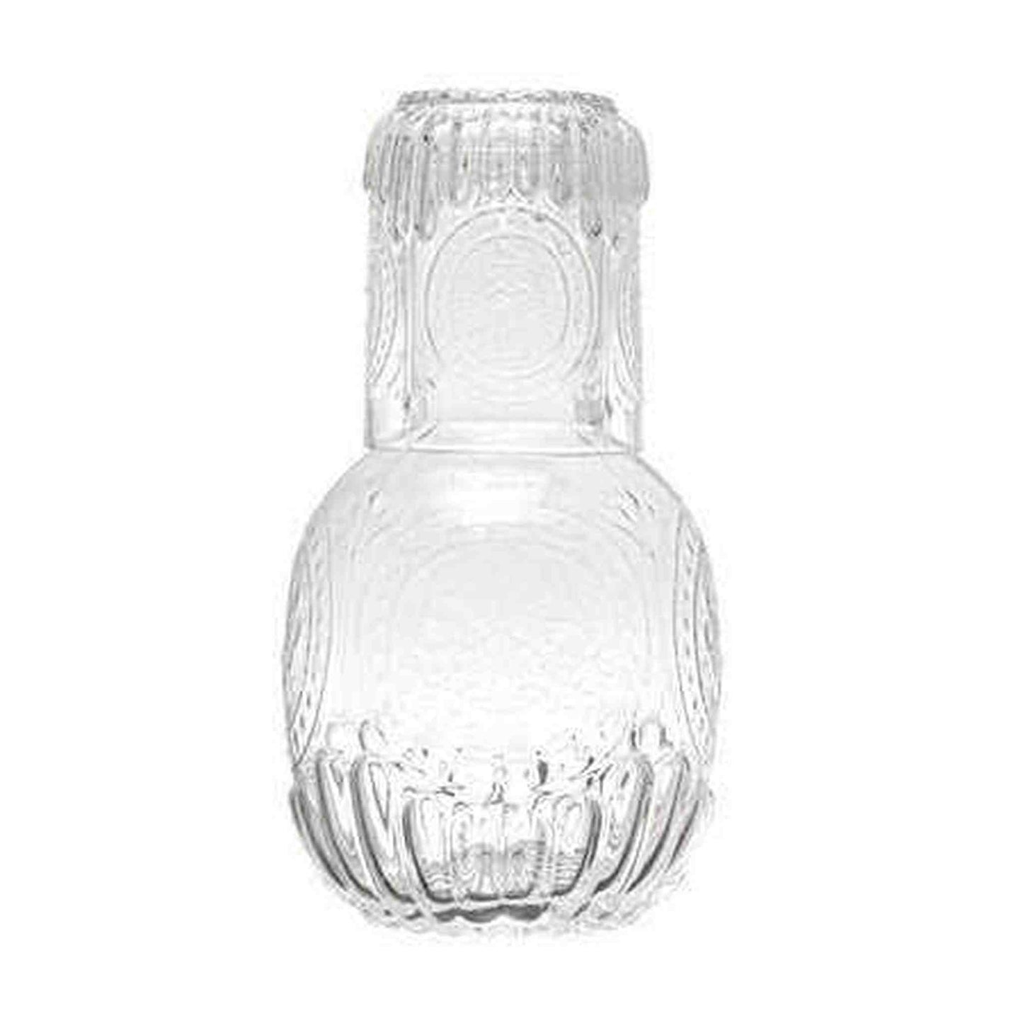28 oz. embossed glass carafe with 8 oz. embossed drinking glass set featuring French country motifs