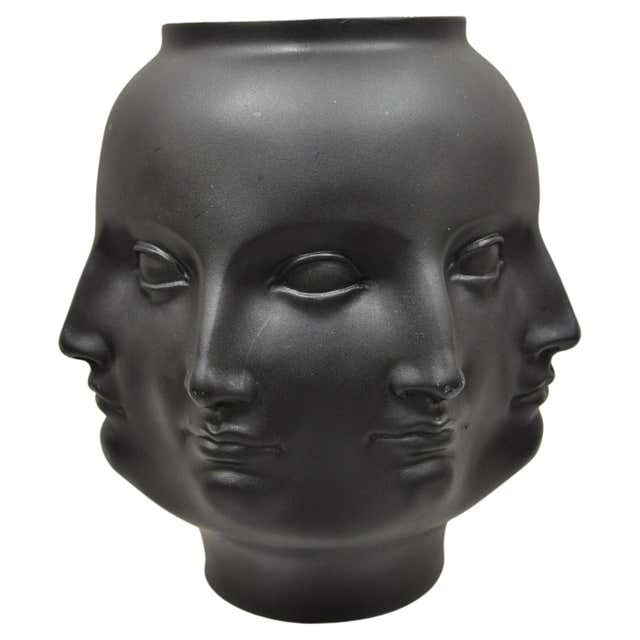 MS 2005 Fornasetti Style Black Vitruvian Perpetual Face Ceramic Vase - Curated Home Decor