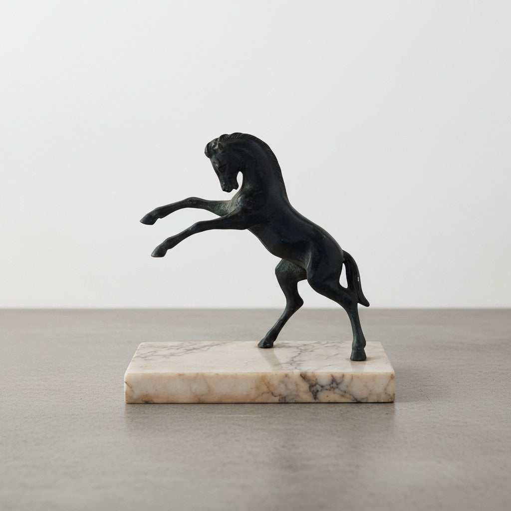 Curated Home Decor vintage mid-20th century bronze horse sculpture on marble base, rearing on hind legs.