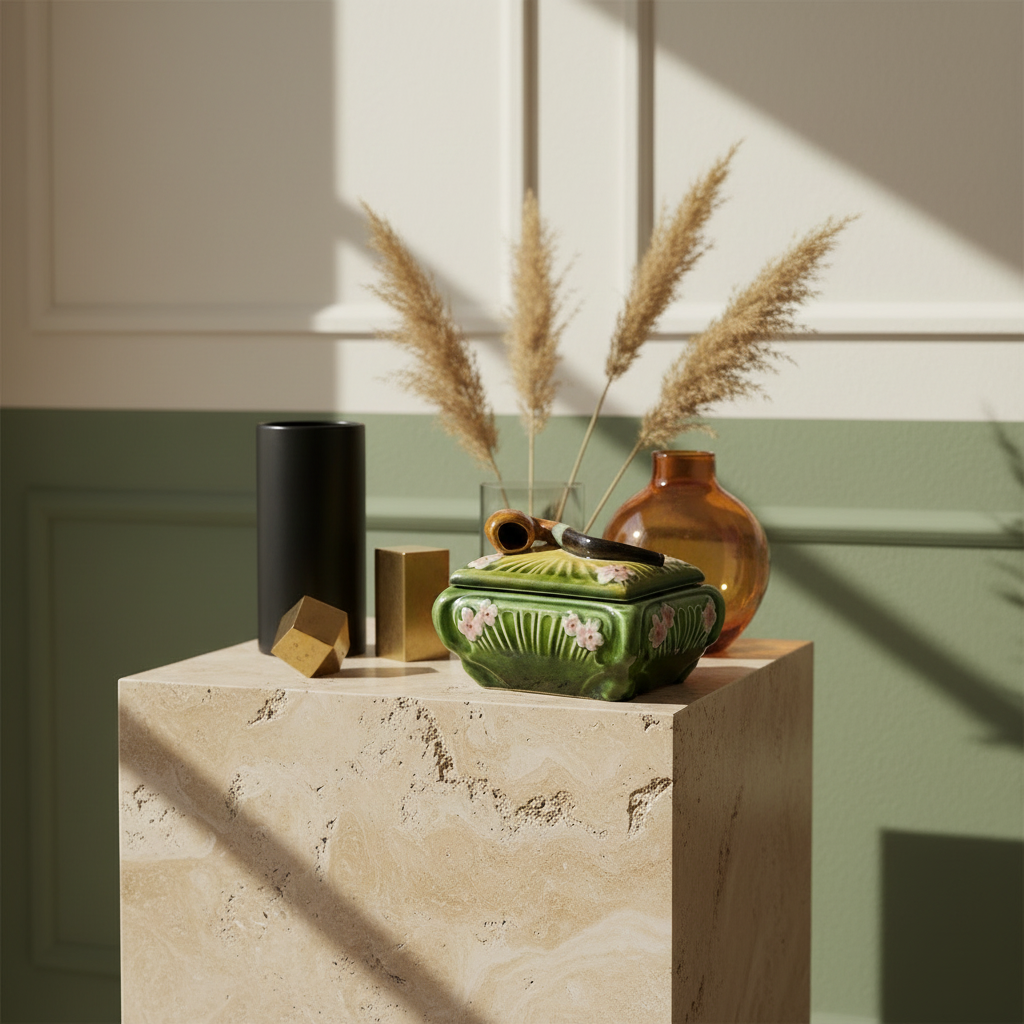 Antique Majolica floral humidor with hand-painted Art Nouveau design and pipe motif