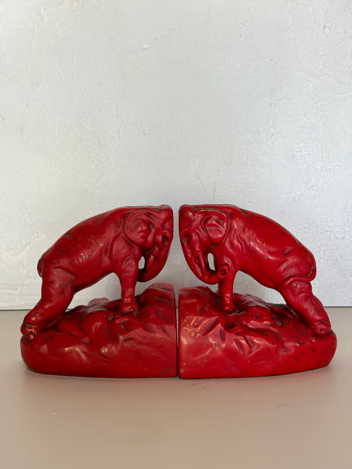 Bronze 1920s Charging Red Elephants Bookends - Curated Home Decor