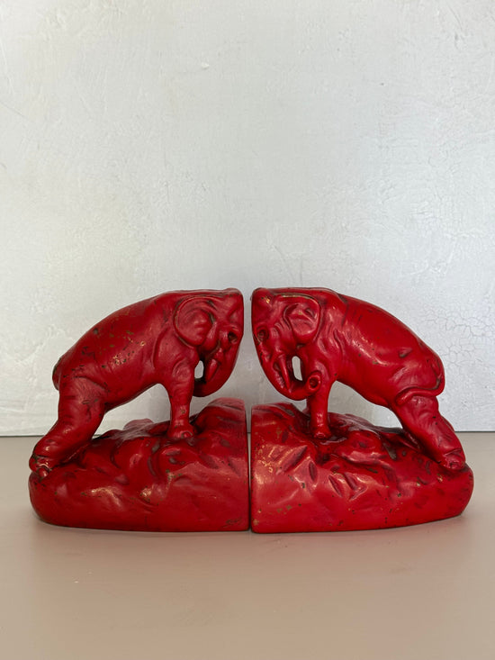 Bronze 1920s Charging Red Elephants Bookends - Curated Home Decor